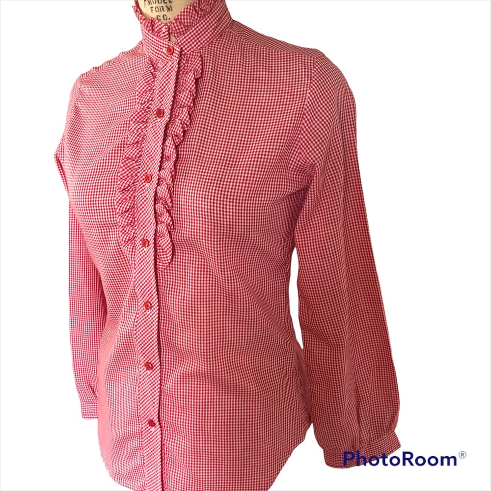 Wrangler Vintage Red Gingham Tuxedo Top size 9/10 Button Down Blouse Long Sleeve